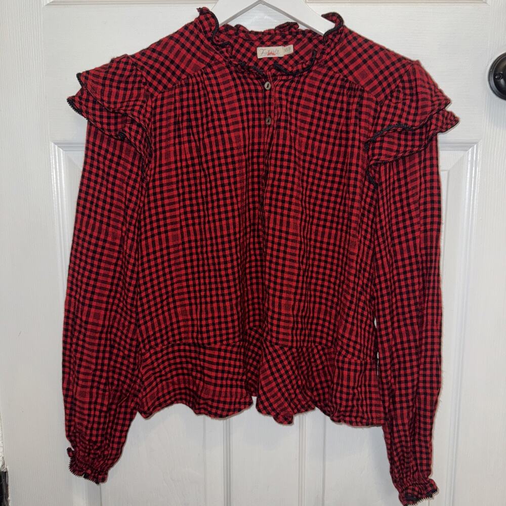 Faherty Women’s Sandia Red Black Gingham Blouse Size‎ XS Long Sleeve Ruffle